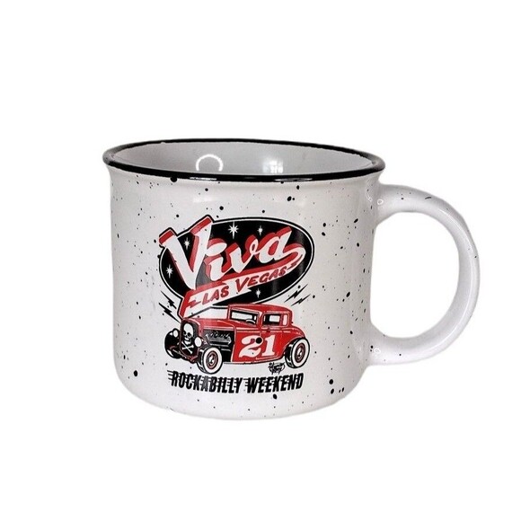 Viva Las Vegas 21 Rockabilly Weekend White Speckled Ceramic Coffee Mug NEW - Picture 1 of 4